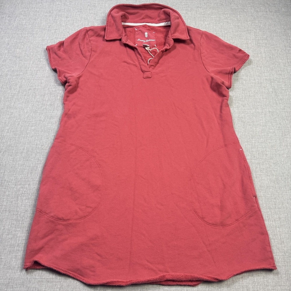 Tommy Bahama Sweatshirt Dress Womens Large Red Terry Collared Pockets Cap Sleeve